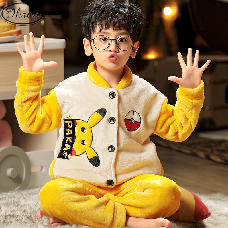 Child Flannel Sleepwear Boy Autumn Winter Cartoon Boy CUHK Boy Coral Suede Thickened home Suit Suit