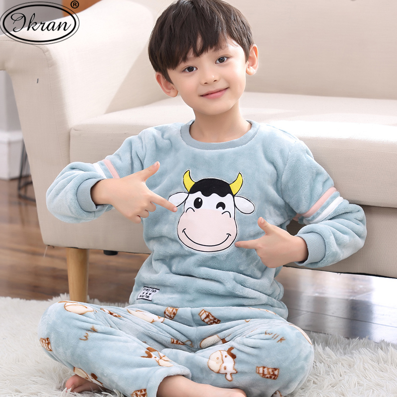 Child Flannel Sleeping Clothing Autumn Winter Cartoon Little Boy Boy CUHK Boy Baby Coral Suede Home Suit Suit