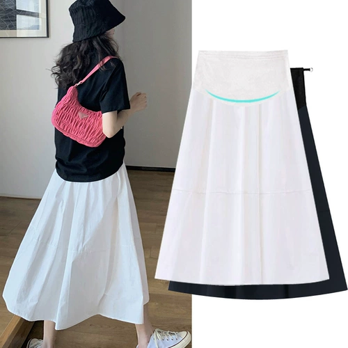 Белая летняя длинная юбка для беременных с поддержкой живота для отдыха, средней длины, по фигуре, А-силуэт