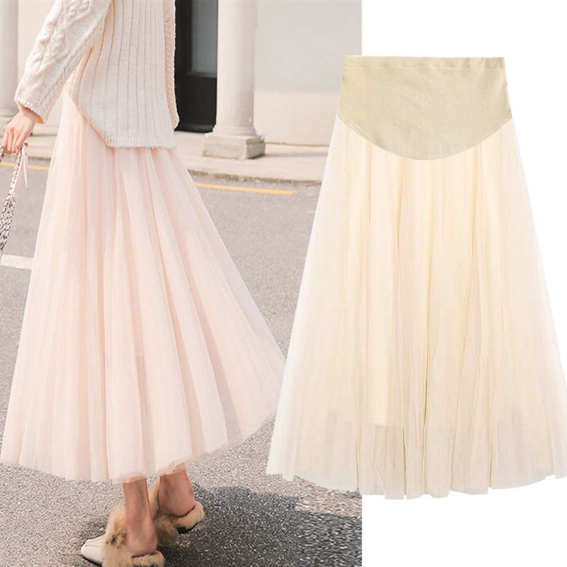 Maternity wear 2022 spring belly skirt three-layer mesh yarn outside wearing fashion mid-length puffy skirt tide