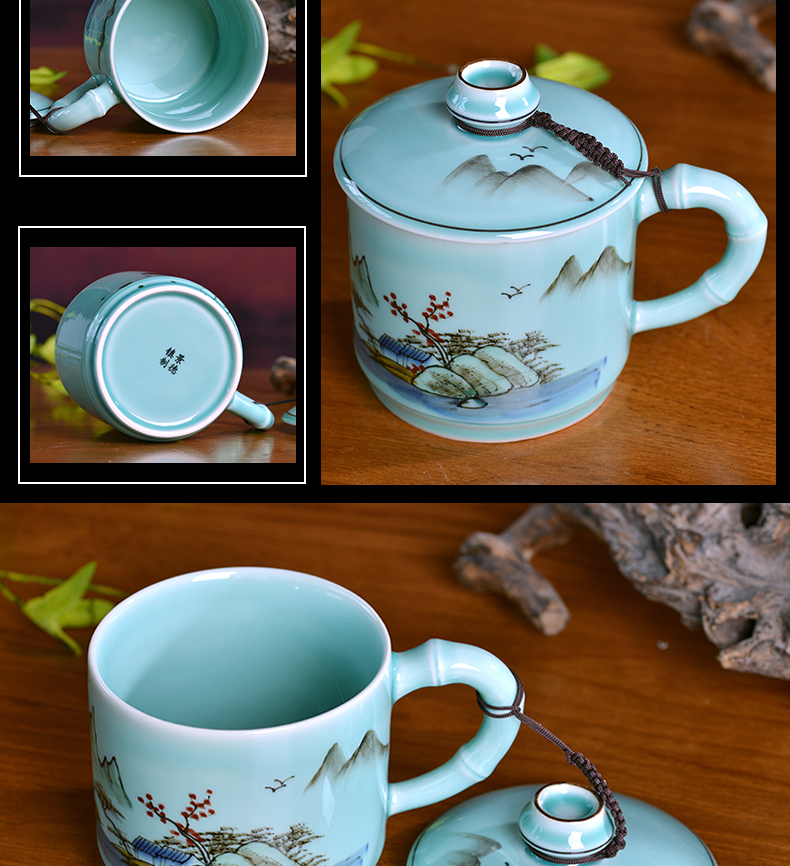 Jingdezhen ceramic cup with cover the boss cup celadon hand - made personal office and meeting of large capacity make tea cup tea cups