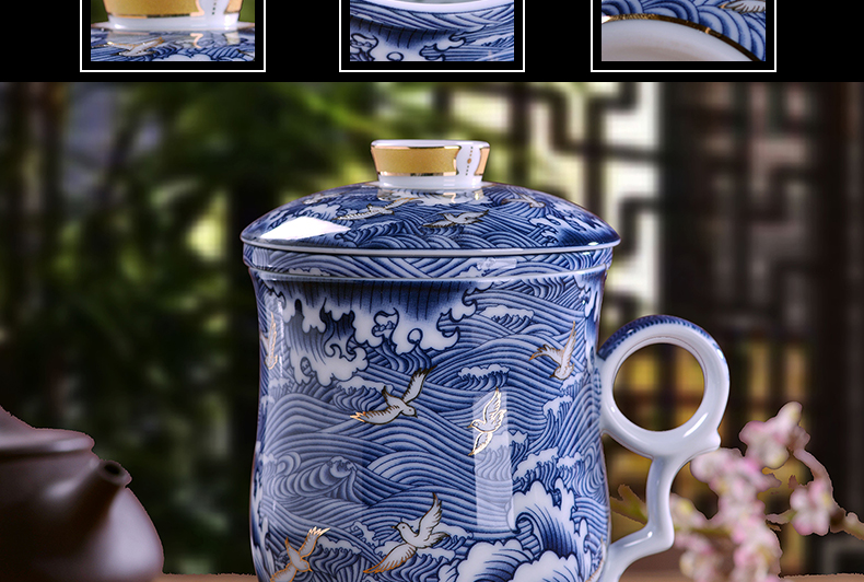 Office of jingdezhen ceramic cup blue and white porcelain paint home Office tea cup with lid filter glass gift mugs