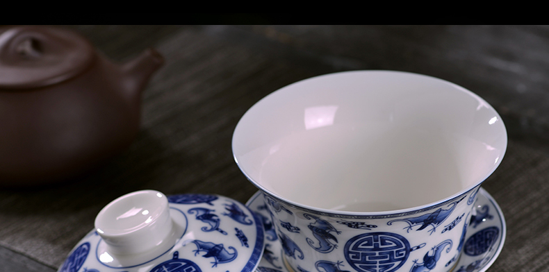 Ceramic tureen jingdezhen blue and white porcelain bowl with large thin foetus tea bowl three cups to worship the bowl bowl hand grasp pot