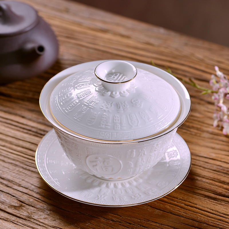 Tureen tea bowl large tea sets jingdezhen ceramic thin foetus three pure white porcelain tea bowl to use hand grasp pot