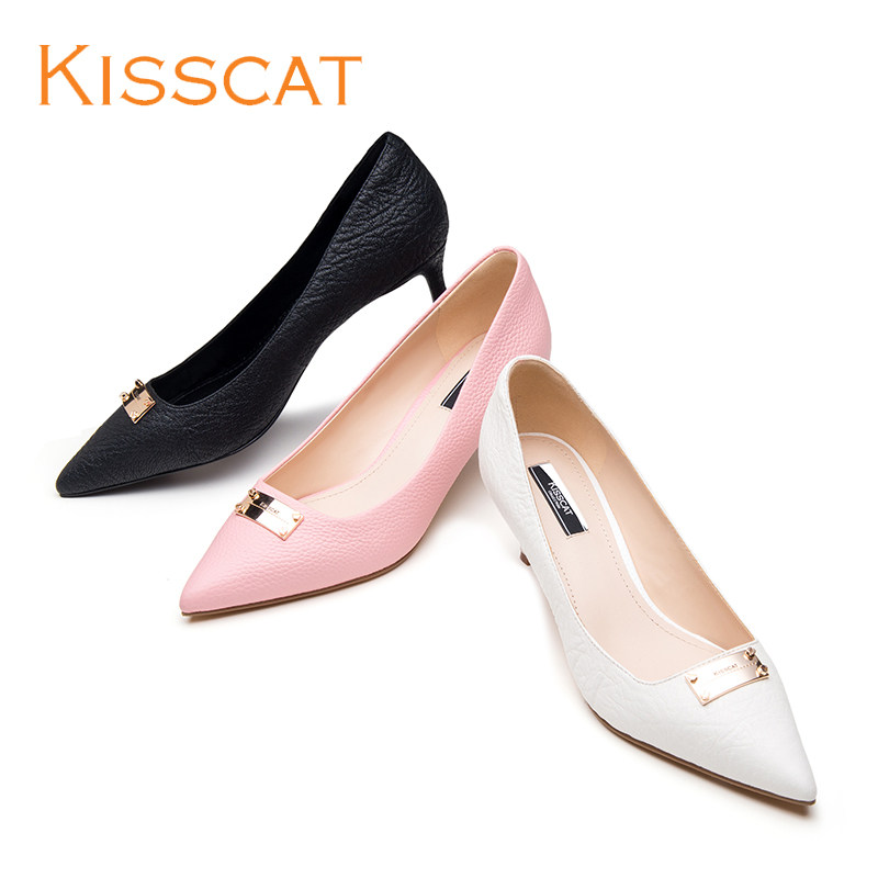 接吻猫2017春夏新款经典时尚猫跟鞋牛皮高跟