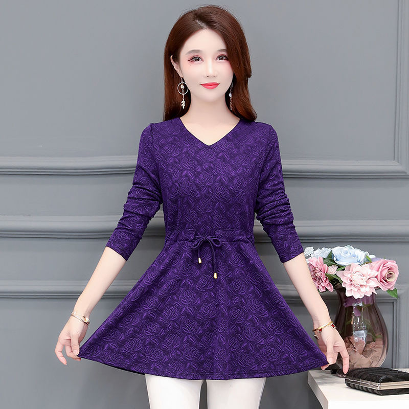 New Women's Base Layer Shirt for Spring and Autumn, Long-Sleeved Top, Plus-Size Women's Clothing, Loose Fit, Tummy-Covering, Slimming T-Shirt, V-Neck Blouse