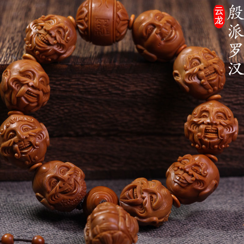 Su Gong pure hand-carved olive core carving old Yin school double-sided eighteen arhat iron core olive Hu Wen playing bracelet