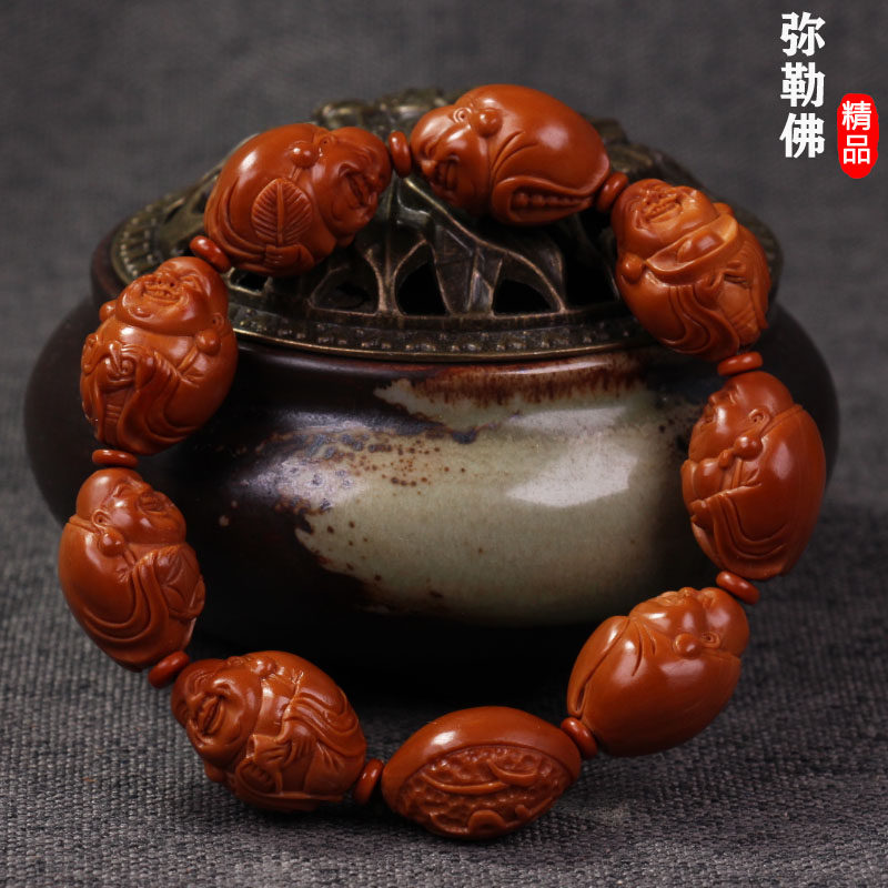 Sugong olive core carving Eight Maitreya Buddha hand string Pure hand carving olive core Hu Lao Oil core text play bracelet