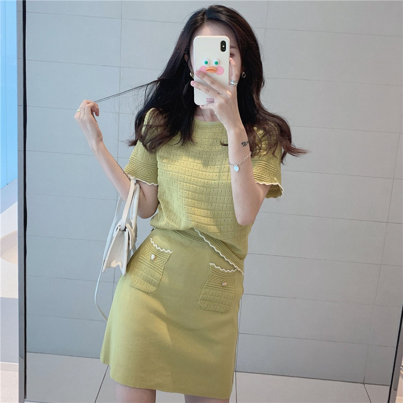 VK旗艦店 韓系復古名媛針織鏤空套裝短袖裙裝