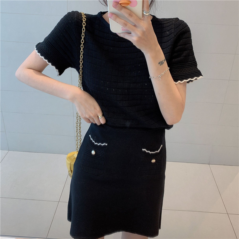 VK旗艦店 韓系復古名媛針織鏤空套裝短袖裙裝