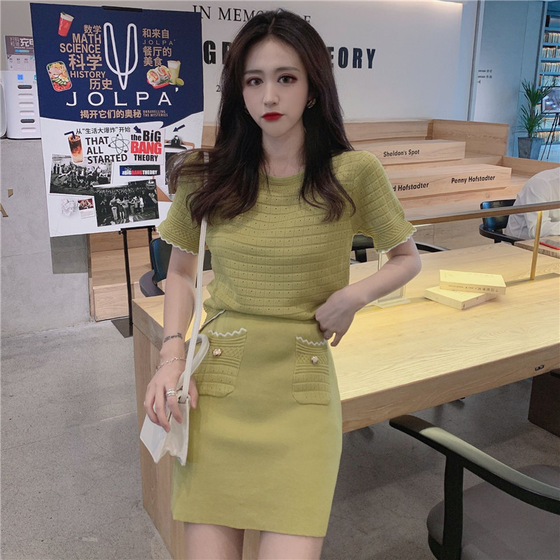 VK旗艦店 韓系復古名媛針織鏤空套裝短袖裙裝
