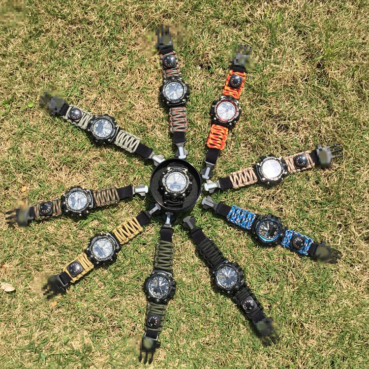 Outdoor Multifunction Thermometer Beats Fire Stone Courting letterhead Nightlight Compass Mouth Whistle Umbrella Rope Woven Handwatch