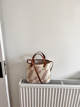 Solid patterned canvas head layer of cow leather woman bag tote bag