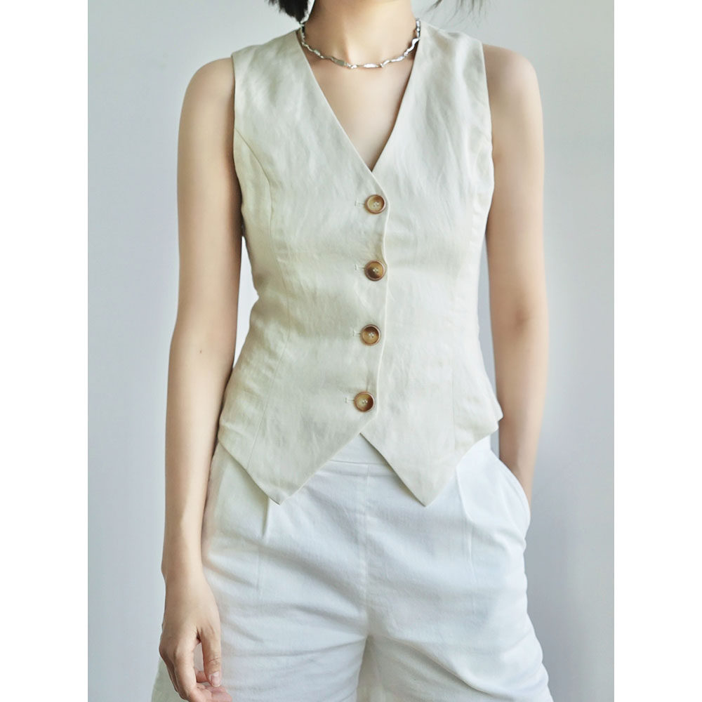 LSD2022 summer single row buckle Regular commuter pure color Asayaki Hemp Minima Sashimi V collar slim fit waistcoat
