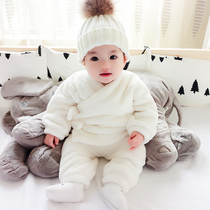 Baby girl childrens conjoined clothes set baby spring and autumn dressing thick autumn and winter warm coral velvet flannel pajamas