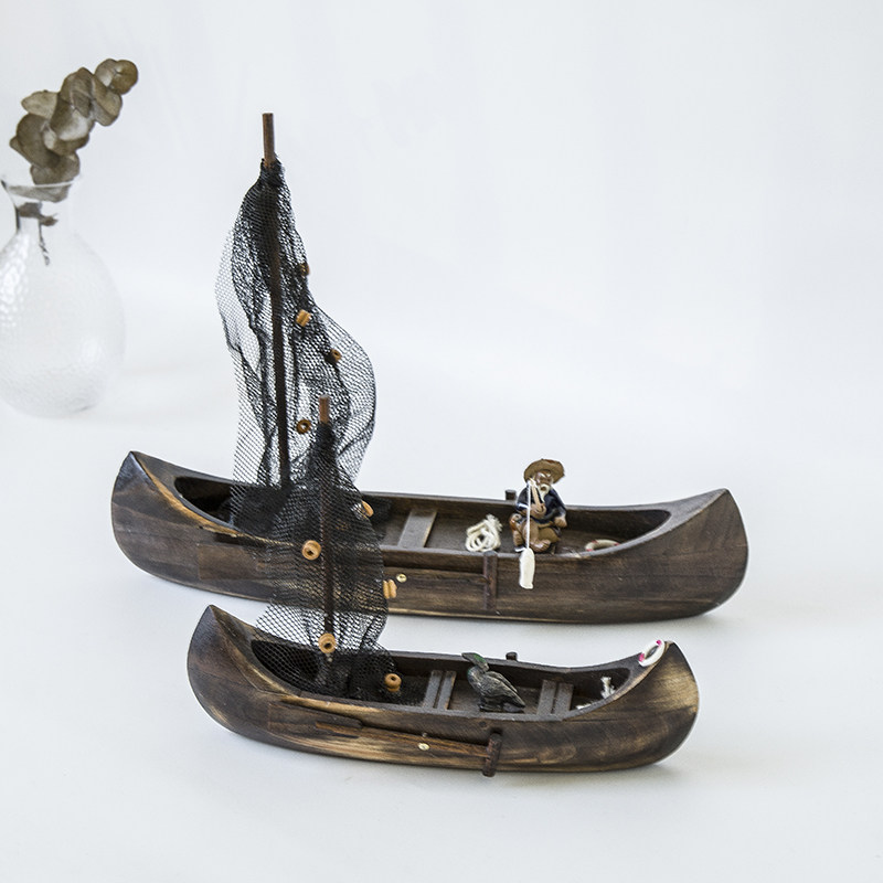 Solid wood solid wood canopy boat Jiangnan water village boat Handmade solid wood boat mold landscaping can be launched into the water fisherman's decoration small wooden boat