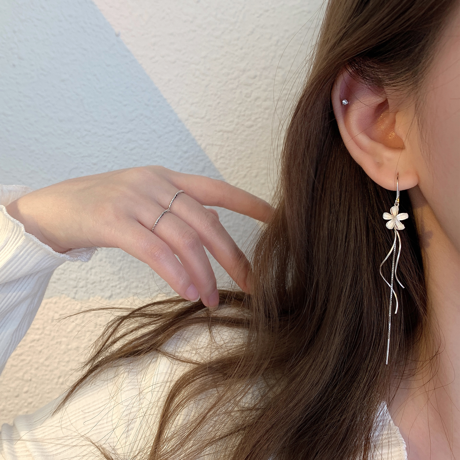 925 silver cherry blossom fringe earrings feminine slim face thin earrings ins niche fresh earrings 2021 new model
