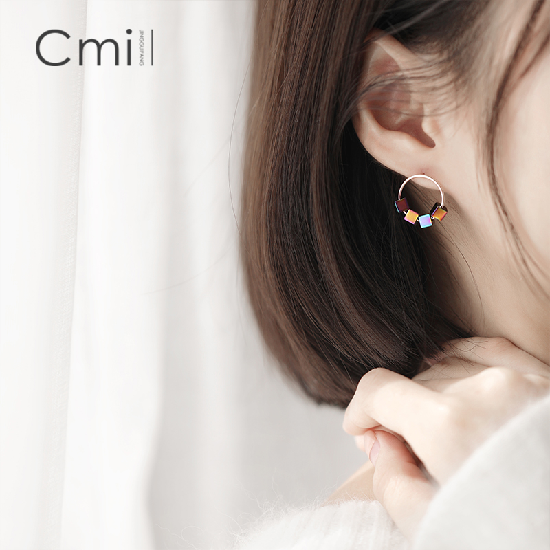 Colorful square circle earrings Silver simple trendy personality creative earrings Korean temperament wild ins ear needle woman