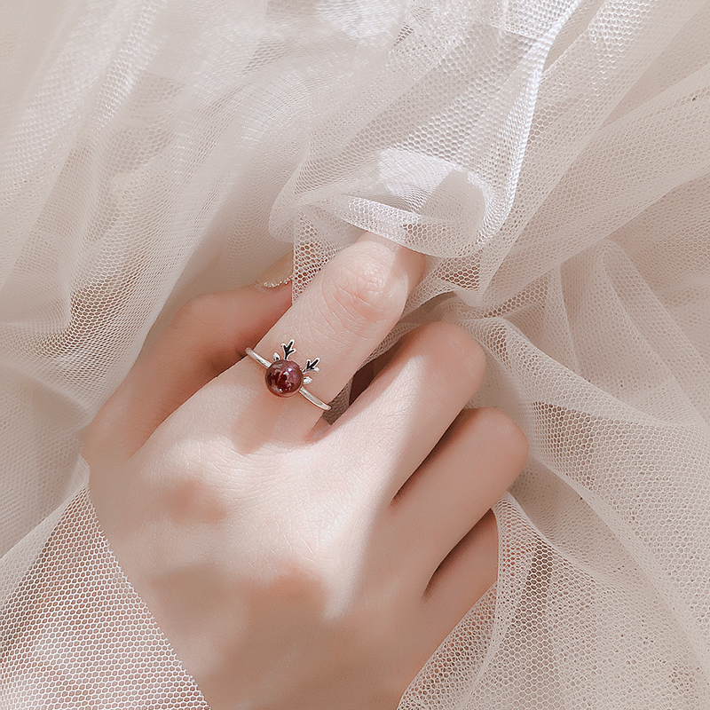 Pomegranate Stone Deer Corner Opening Ring Silver Sweet Beauty Cute Son Roe Deer Students Small Crowd Design Fashion Ring Women
