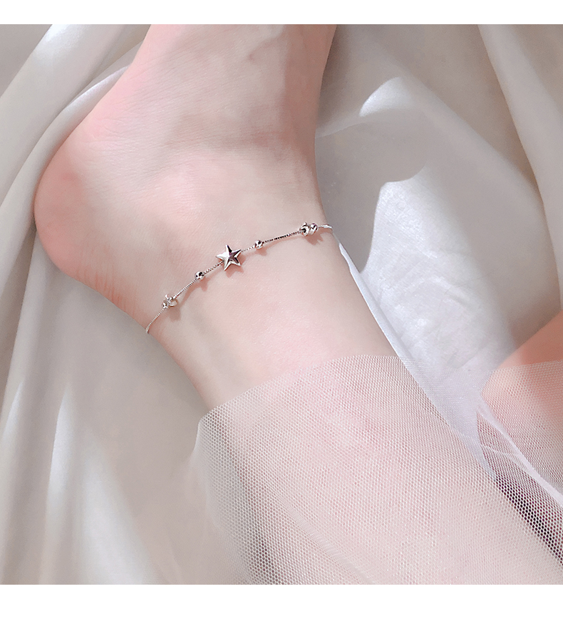 S925 bạc sao đính hạt vòng chân đơn giản nhỏ tươi dễ thương Sen sinh viên chuyển hạt trang sức nữ phiên bản Hàn Quốc vòng chân cá chép nữ