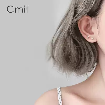 Star asymmetric ear needle silver simple fresh small cute moon earrings personality wild Korean earrings female