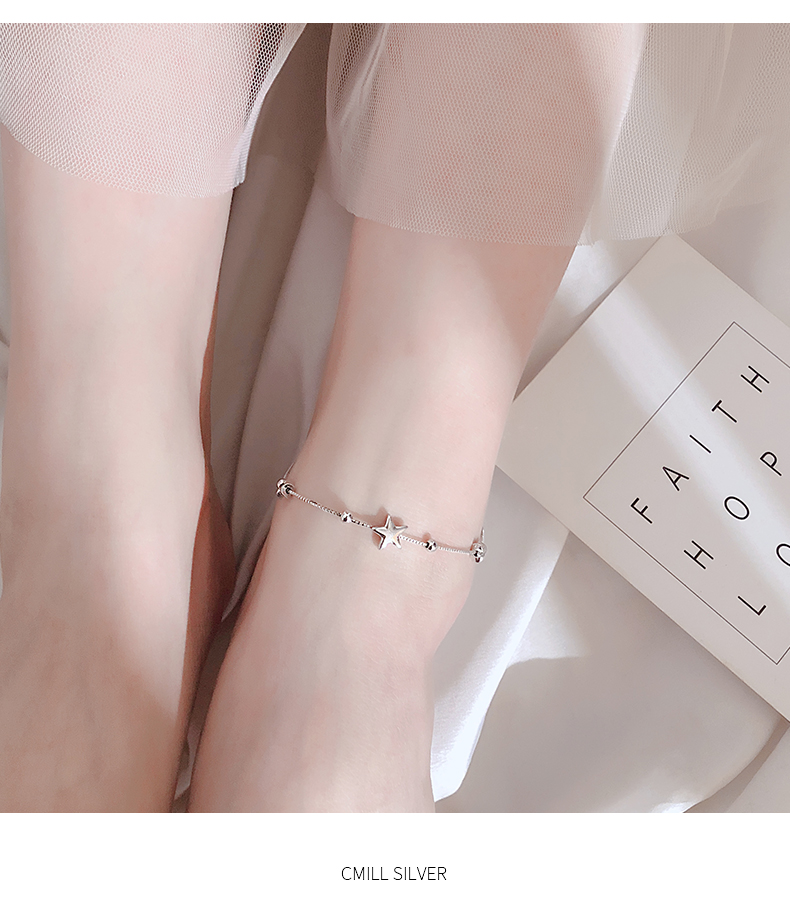 S925 bạc sao đính hạt vòng chân đơn giản nhỏ tươi dễ thương Sen sinh viên chuyển hạt trang sức nữ phiên bản Hàn Quốc vòng chân cá chép nữ