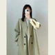 Green double-breasted long woolen coat