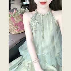 ແບບຈີນໃຫມ່ແບບຈີນ sleeveless halter ເທິງຊຸດ dress ແມ່ຍິງ summer floral ສູງແອວກະໂປງກະທັດຮັດ