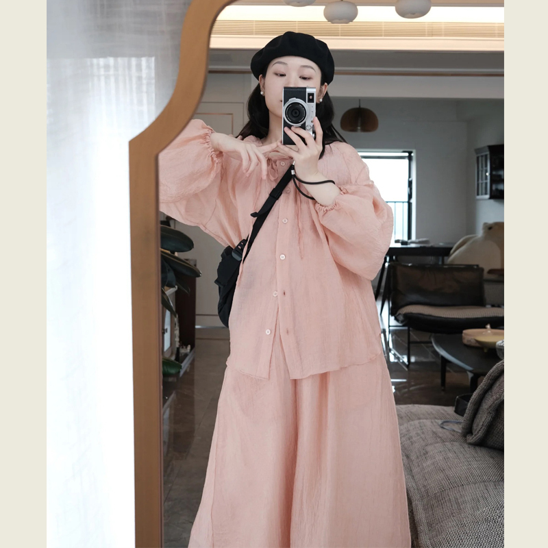 Sweet and Gentle Style Age-Reducing Suit for Women in Summer, Pink Loose Lace-Up Long-Sleeved Shirt, High-Waisted Skirt, Two-Piece Set