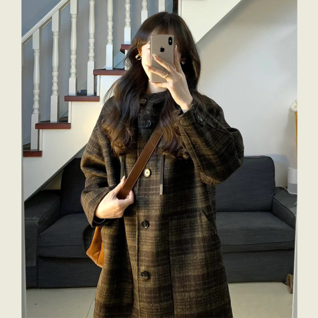 Retro plaid hooded midi-length woolen jacket