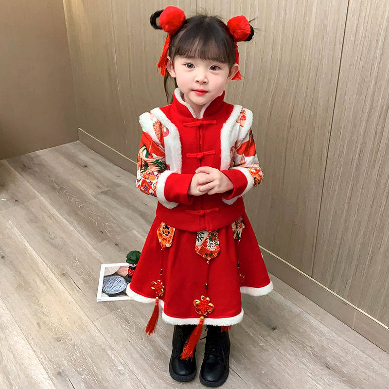 Chinese Wind Female Baby Embroidery Baiyenufu Girl Doncostume Hanfu Winter Style Suit Children's New Year Suit Children's Winter Skirt
