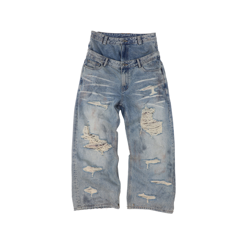 Thewet Split-Leg 14-Ounce Double-Waist Ripped Distressed Plaid Patch Baggy Loose Plus-Size Loose Jeans