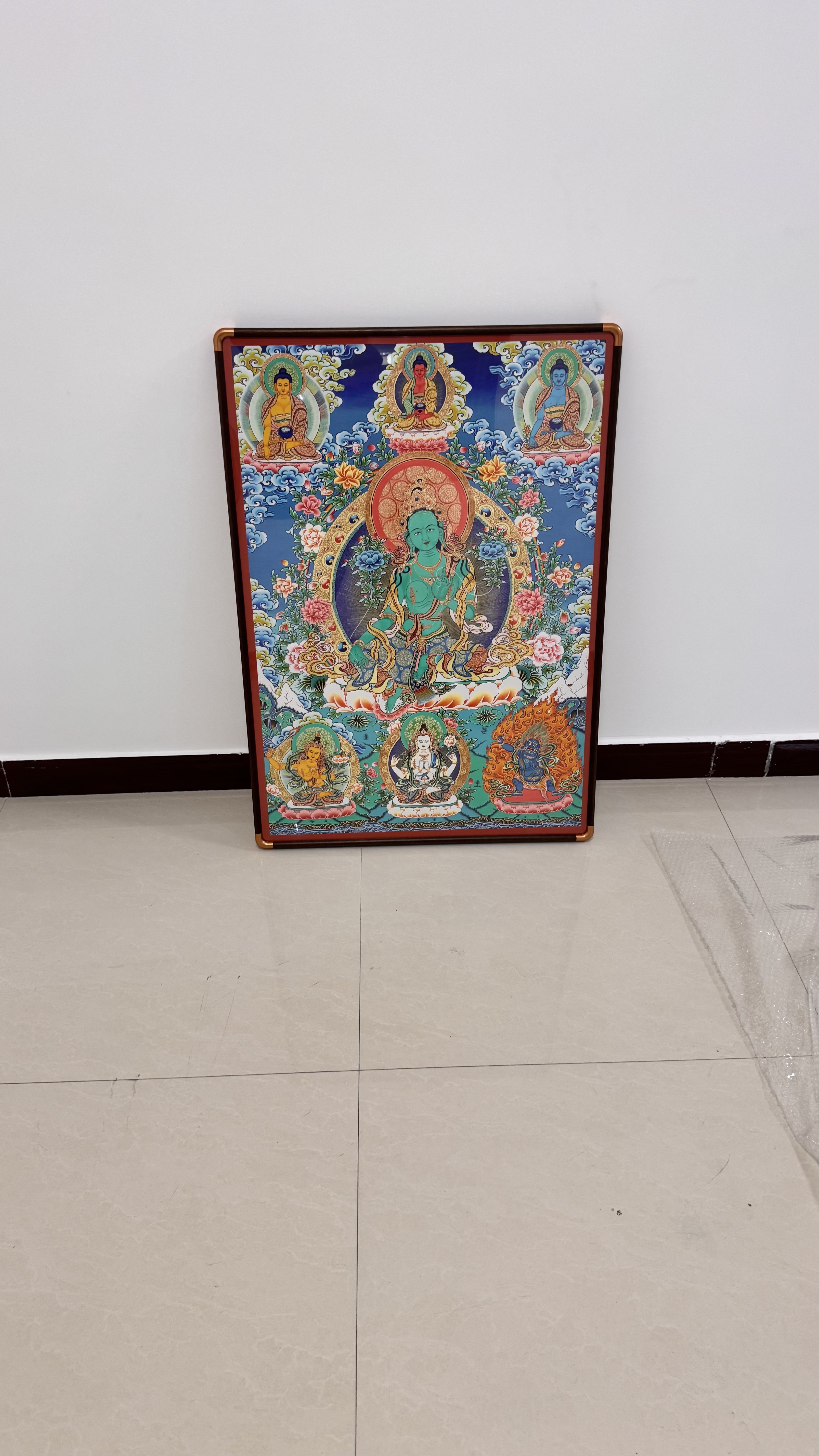 可客制绿度母唐卡装饰画适用于茶室办公室客厅的棉布无框新中式挂画