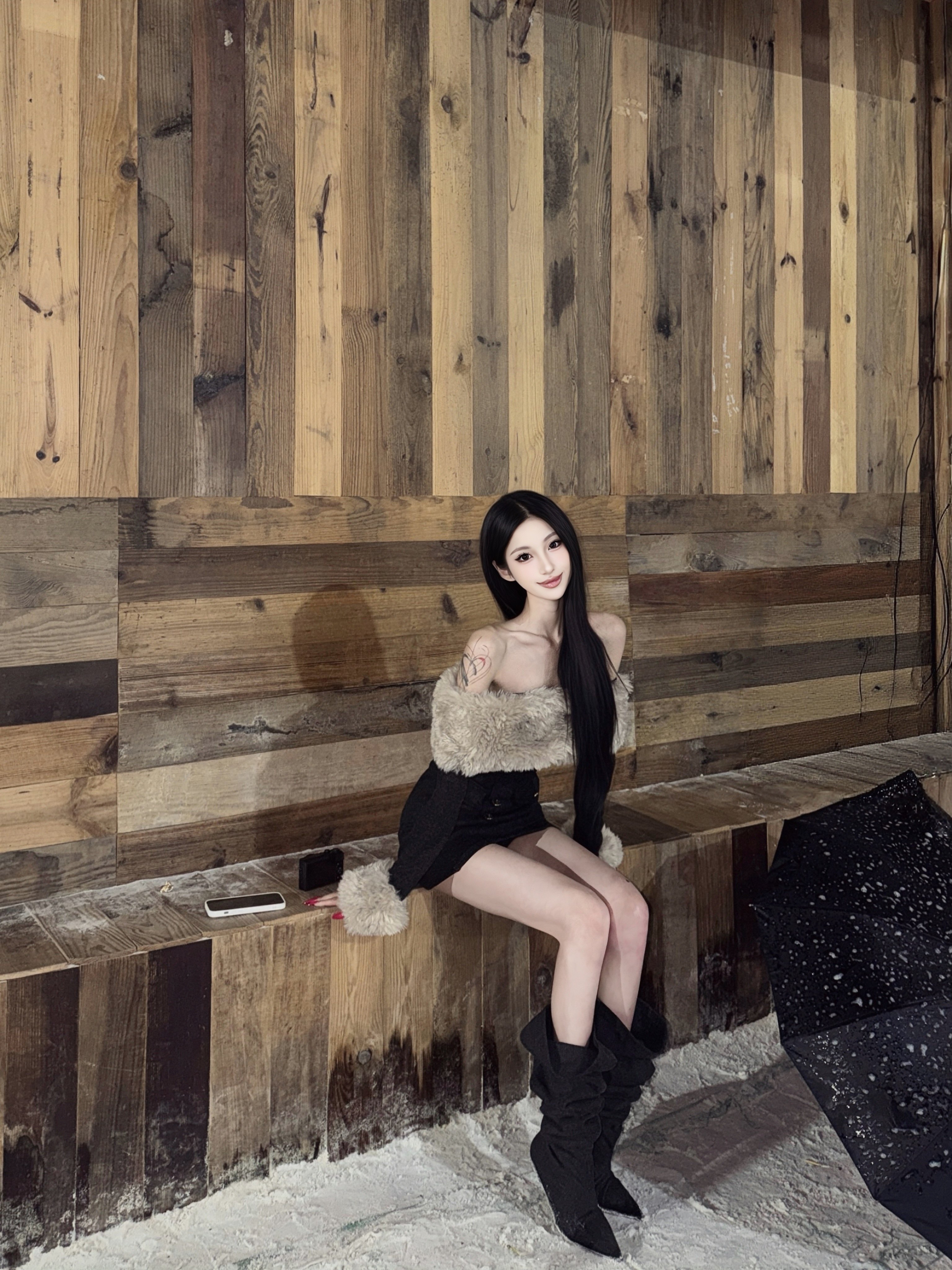 CYNR原创设计富家千金性感毛领一字肩连衣裙修身显瘦包臀针织短裙