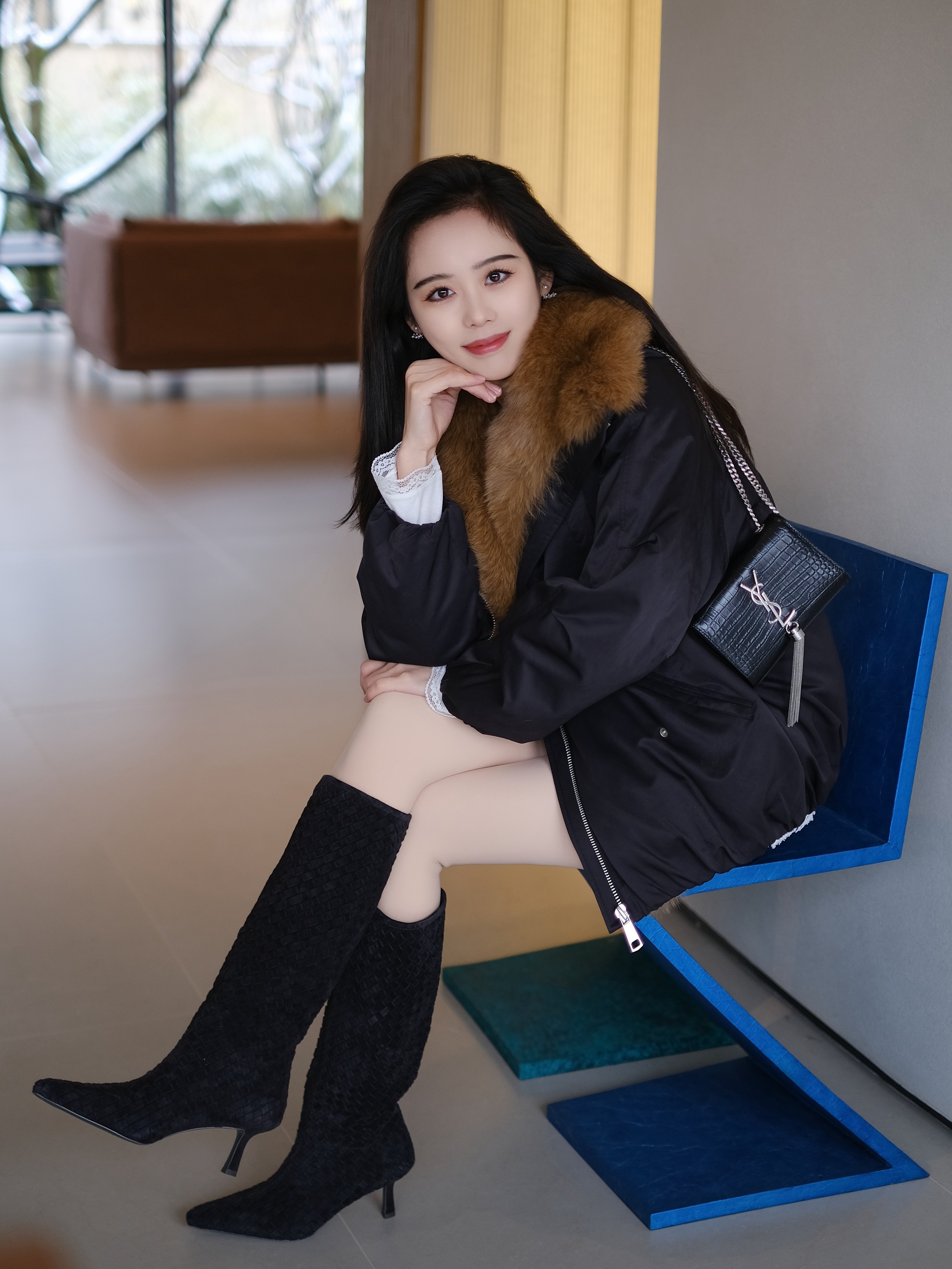 Le' Murmure冬季时尚羊反绒长筒靴堆堆设计慵懒随性 高跟拉长腿部比例