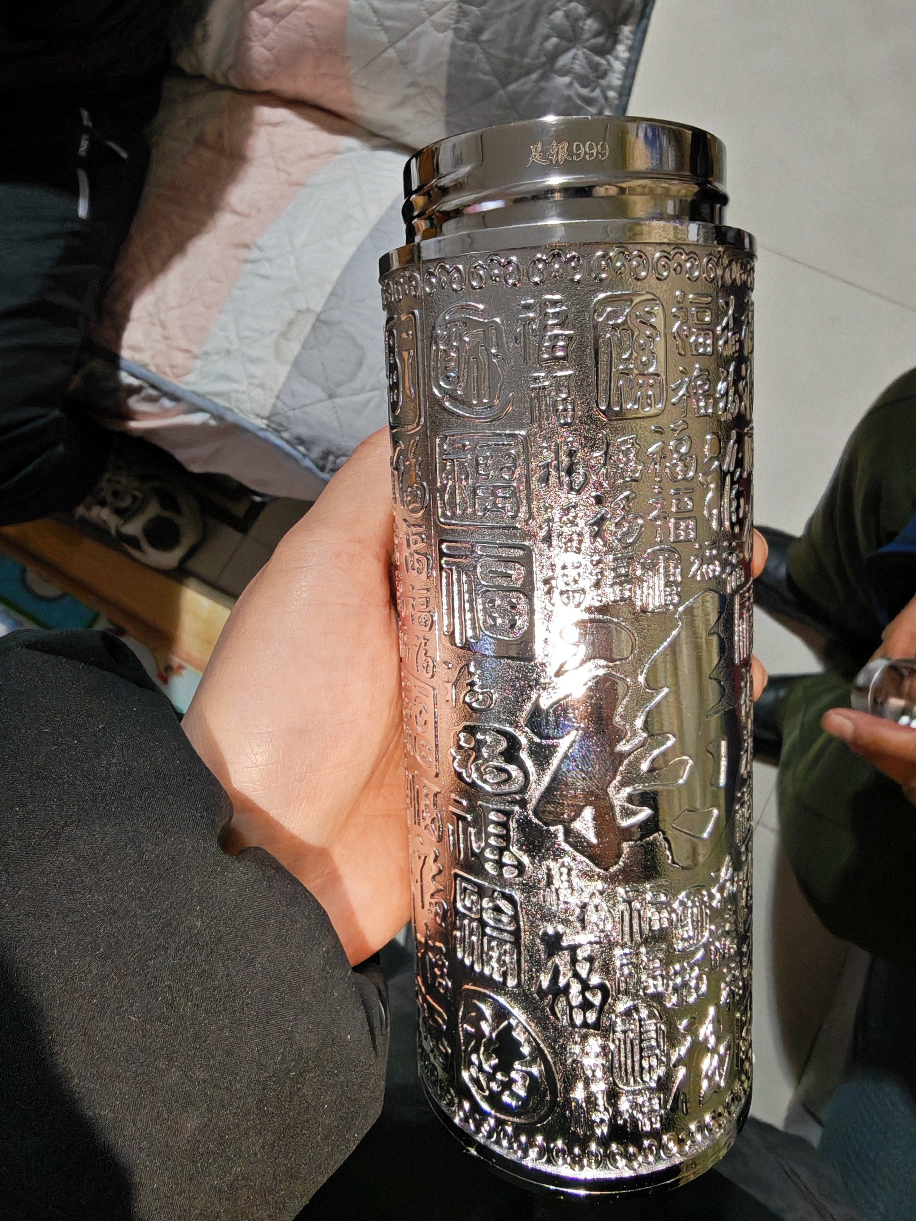 999純銀保溫杯雪花銀杯中式高檔銀水杯禮品上善若水直身保溫杯銀杯帶國