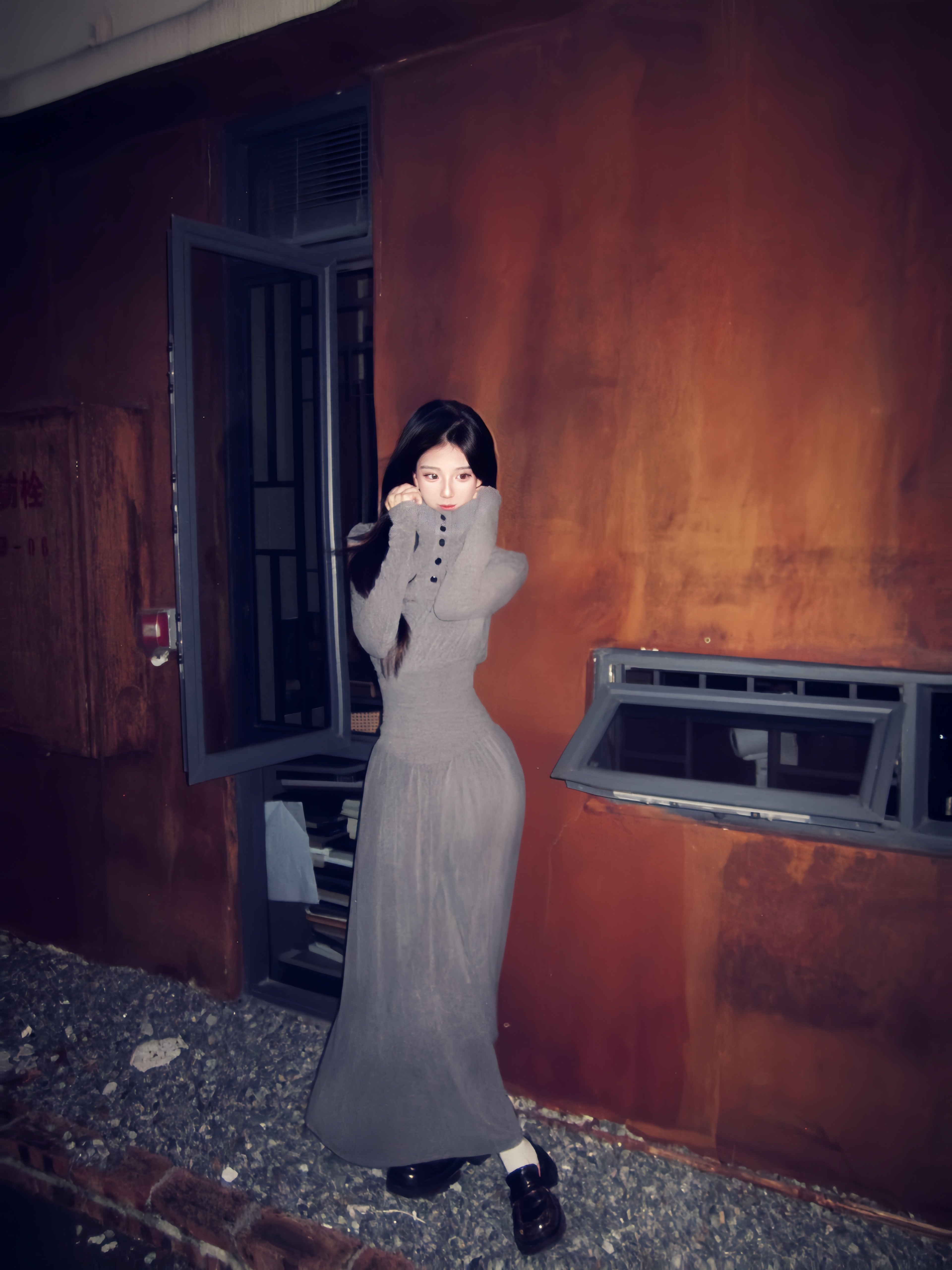 CYNR原创设计气质复古连衣裙,半高polo领褶皱收腰A字长裙摆遮肉显高