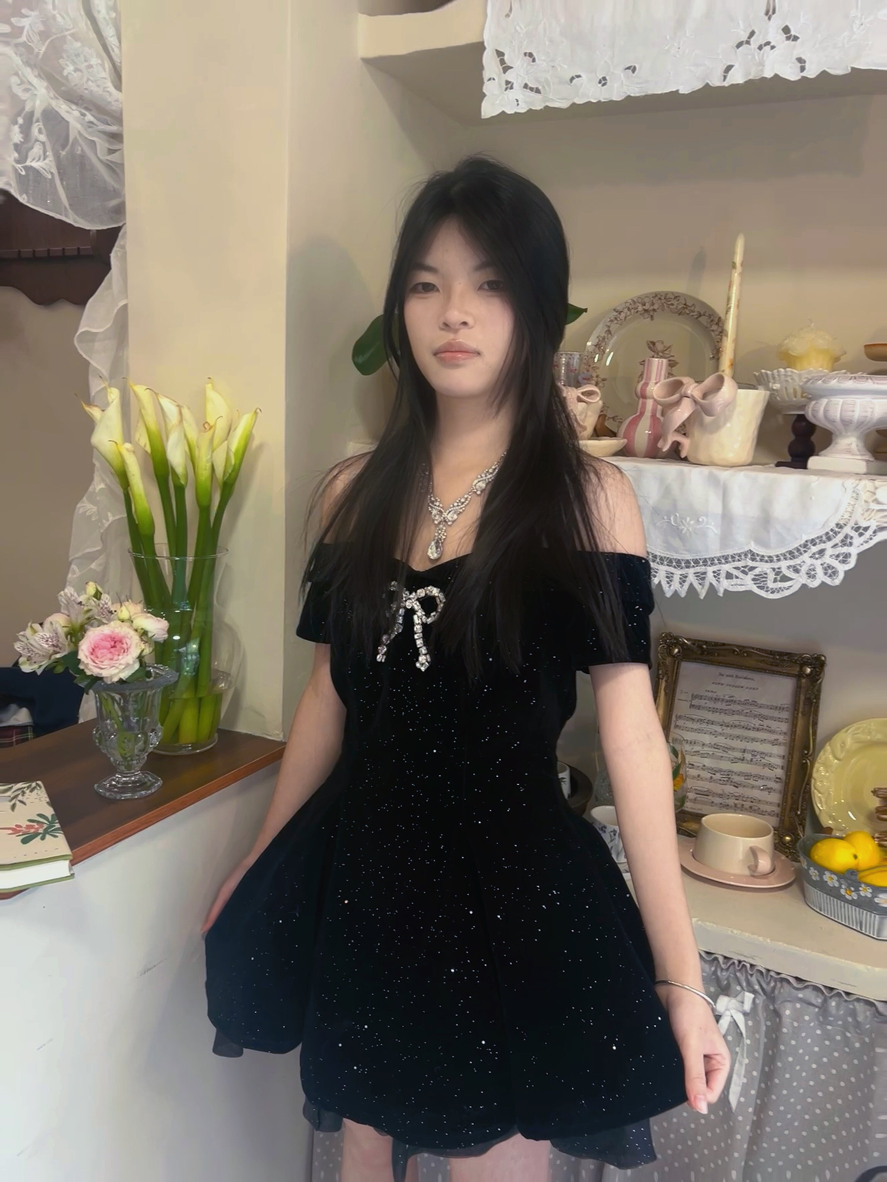 SYJ舒衣家微胖mm法式小黑裙 蓬蓬裙摆遮肉显瘦 收腰设计勾勒腰线生日礼服