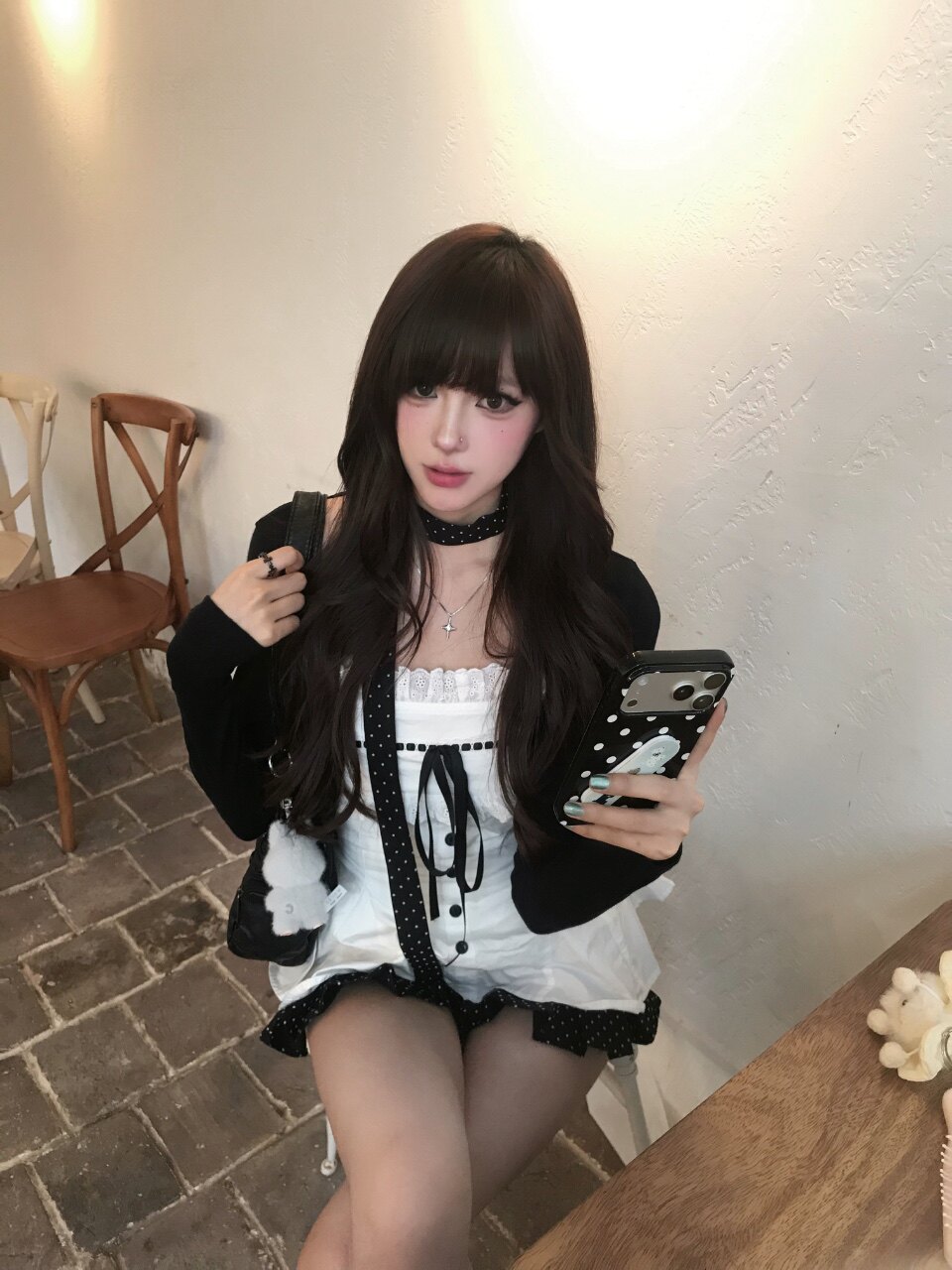 POPWEST韩女三件套 针织开衫+花边蝴蝶结吊带+波点短裙 一套搞定甜酷穿搭