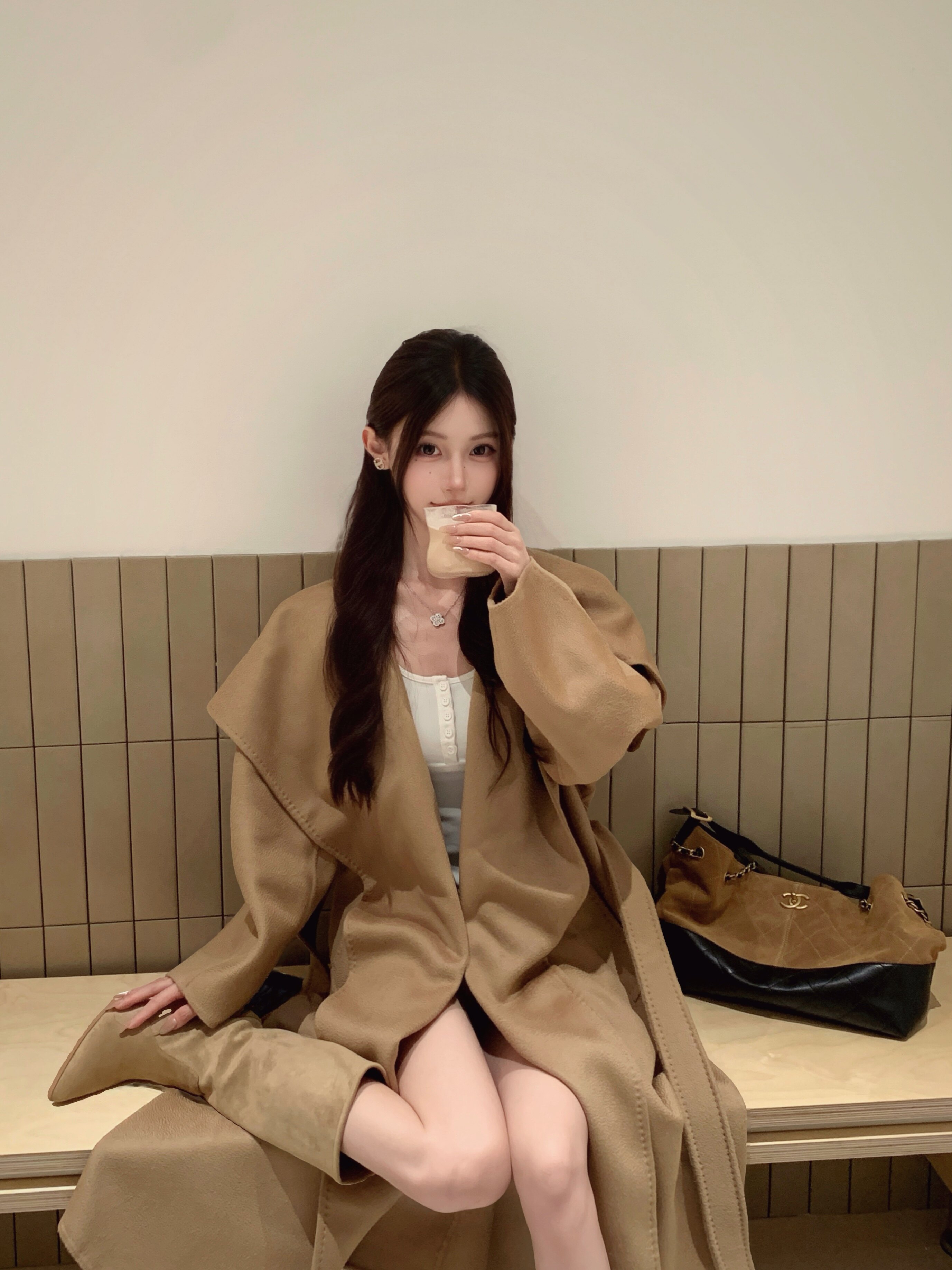 JIUCHIC|M家Rienza大翻领双面水波纹山羊绒大衣