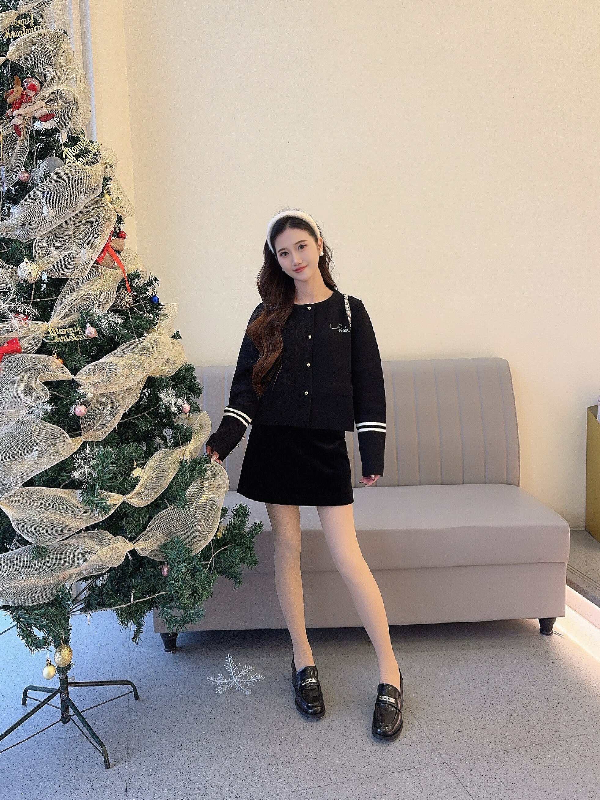 百丽春季复古粗跟乐福鞋 黑色小皮鞋经典百搭 粗高跟设计稳当增高不累脚