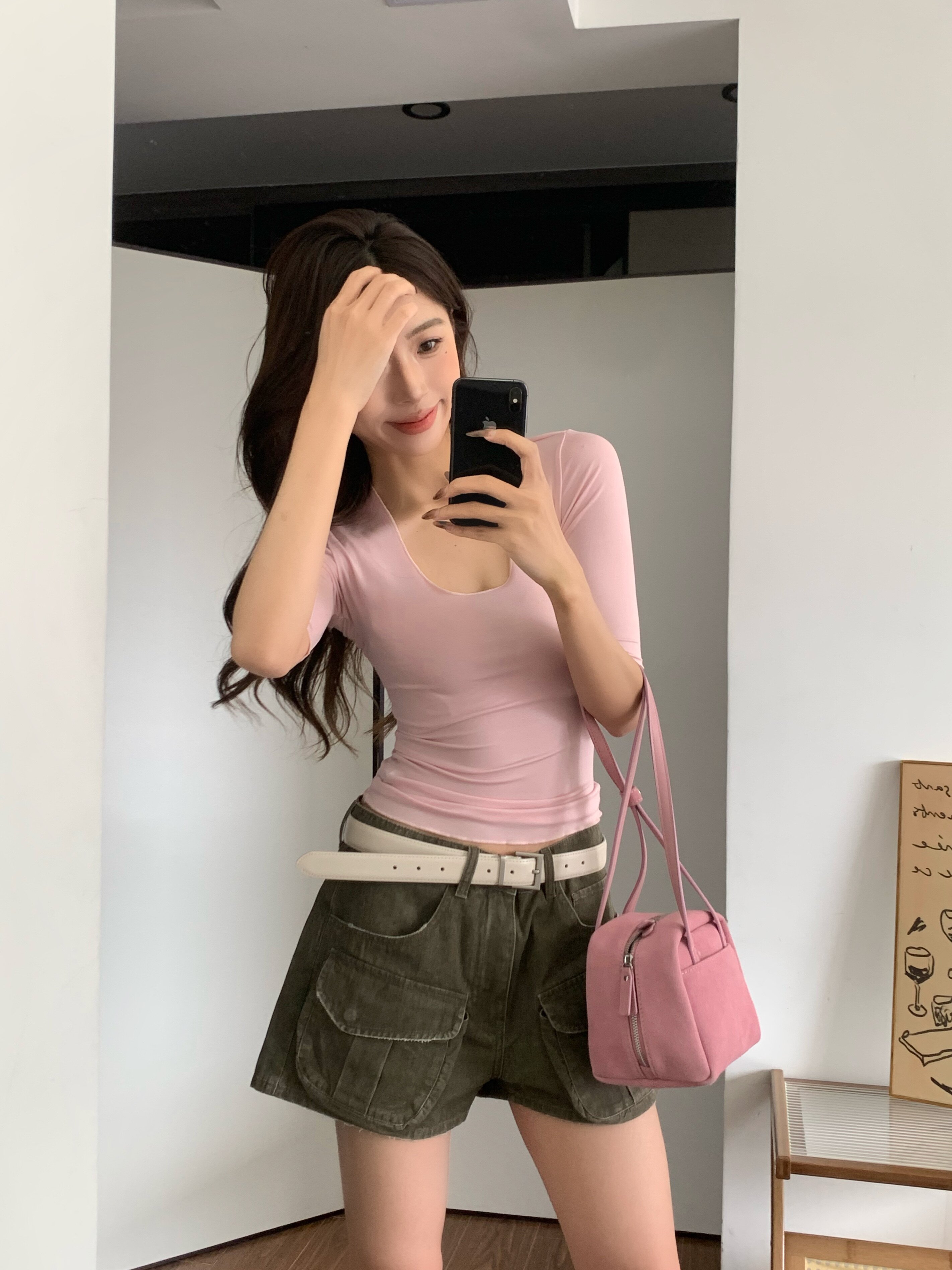 黑泽玄七2026春季新款微胖T恤 大U领设计修饰锁骨更显瘦 五分袖遮肉不勒手臂