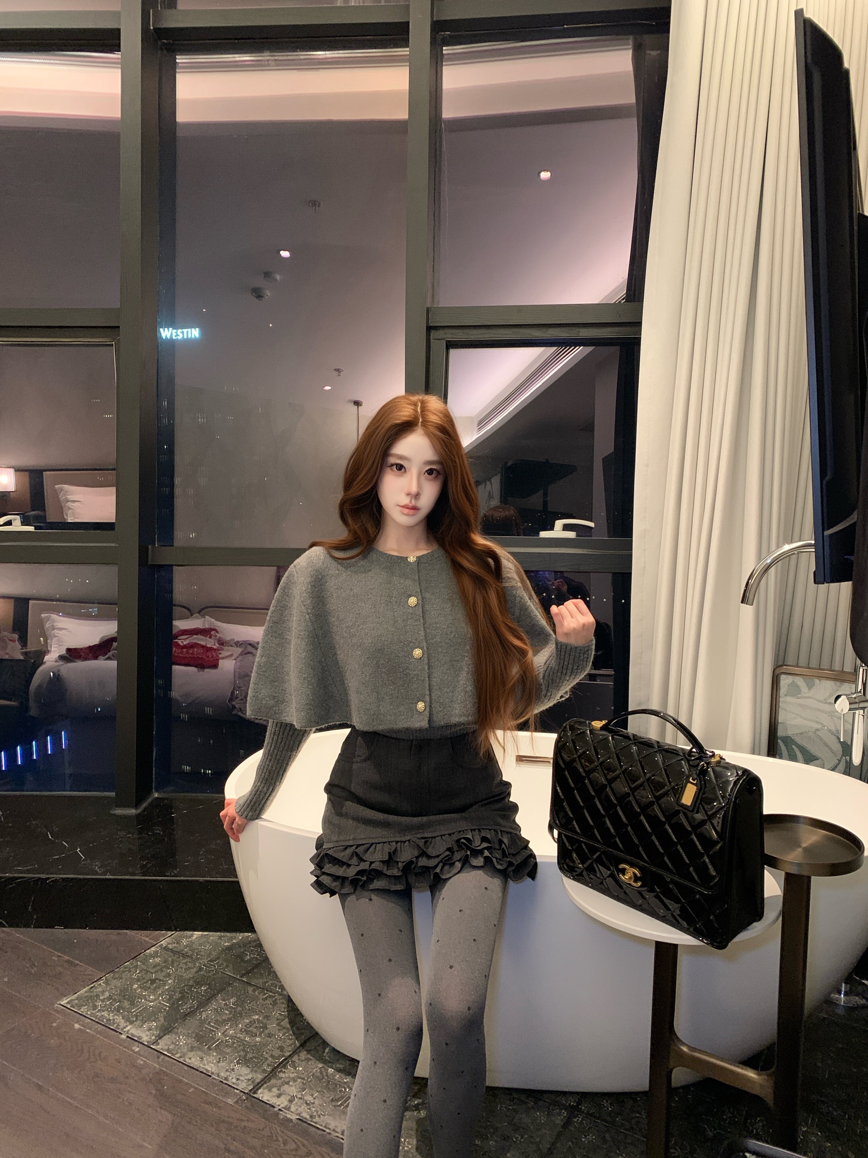 OYFF凡凡【小步舞曲】灰色套装,斗篷式廓形披肩A字短裙三件套设计省心