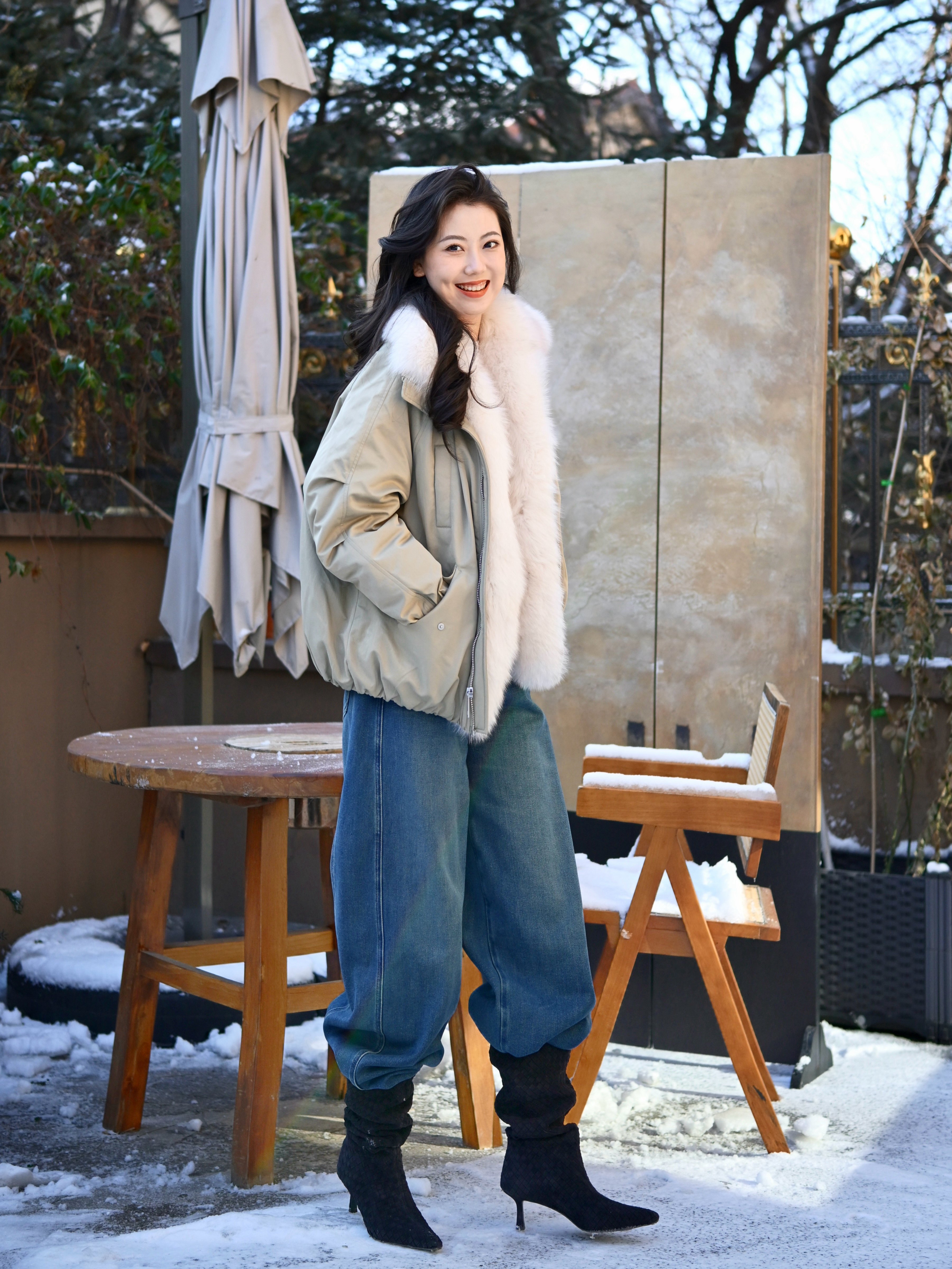 Le' Murmure冬季时尚羊反绒长筒靴堆堆设计慵懒随性 高跟拉长腿部比例