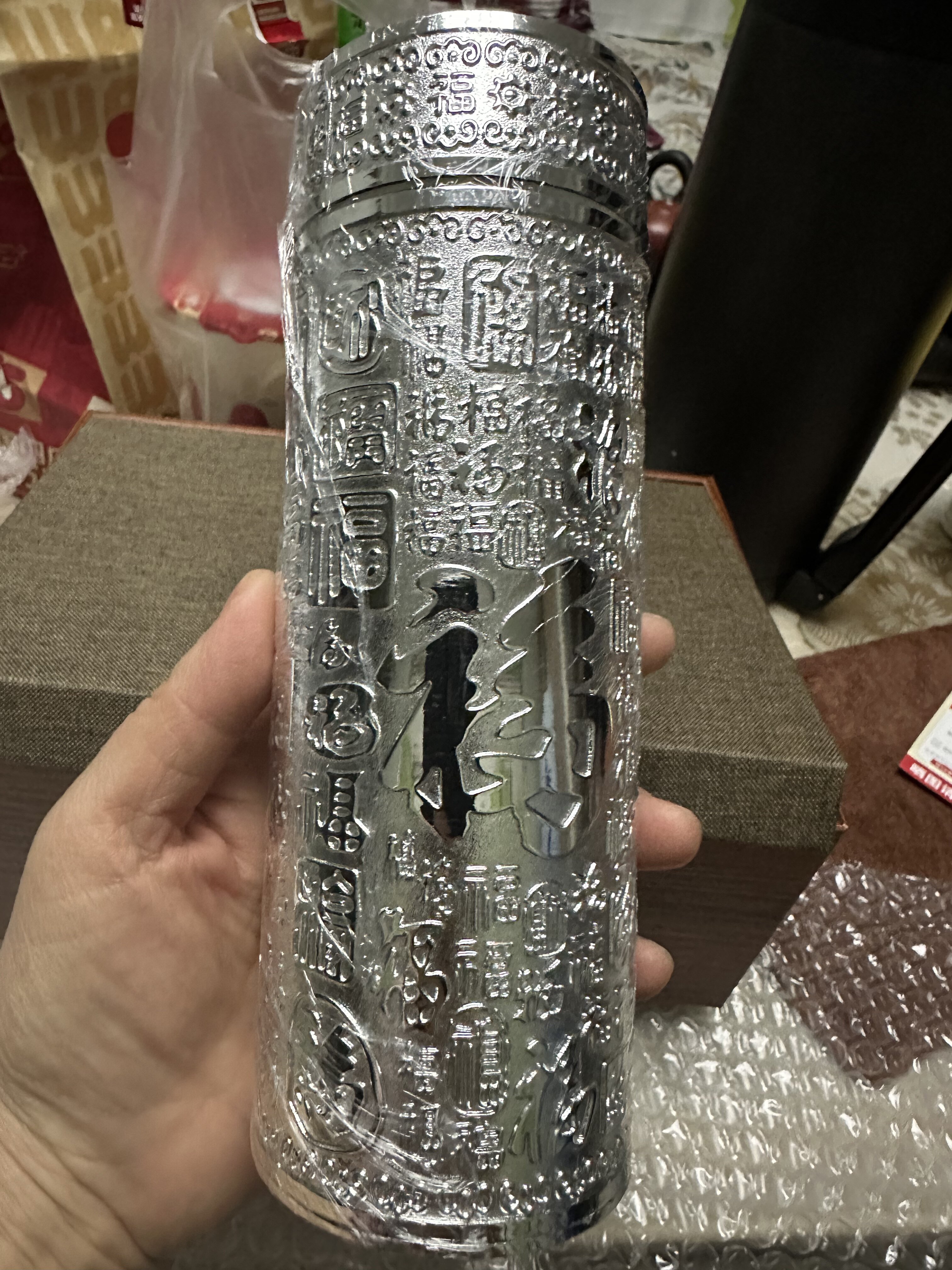 999純銀保溫杯雪花銀杯中式高檔銀水杯禮品上善若水直身保溫杯銀杯帶國