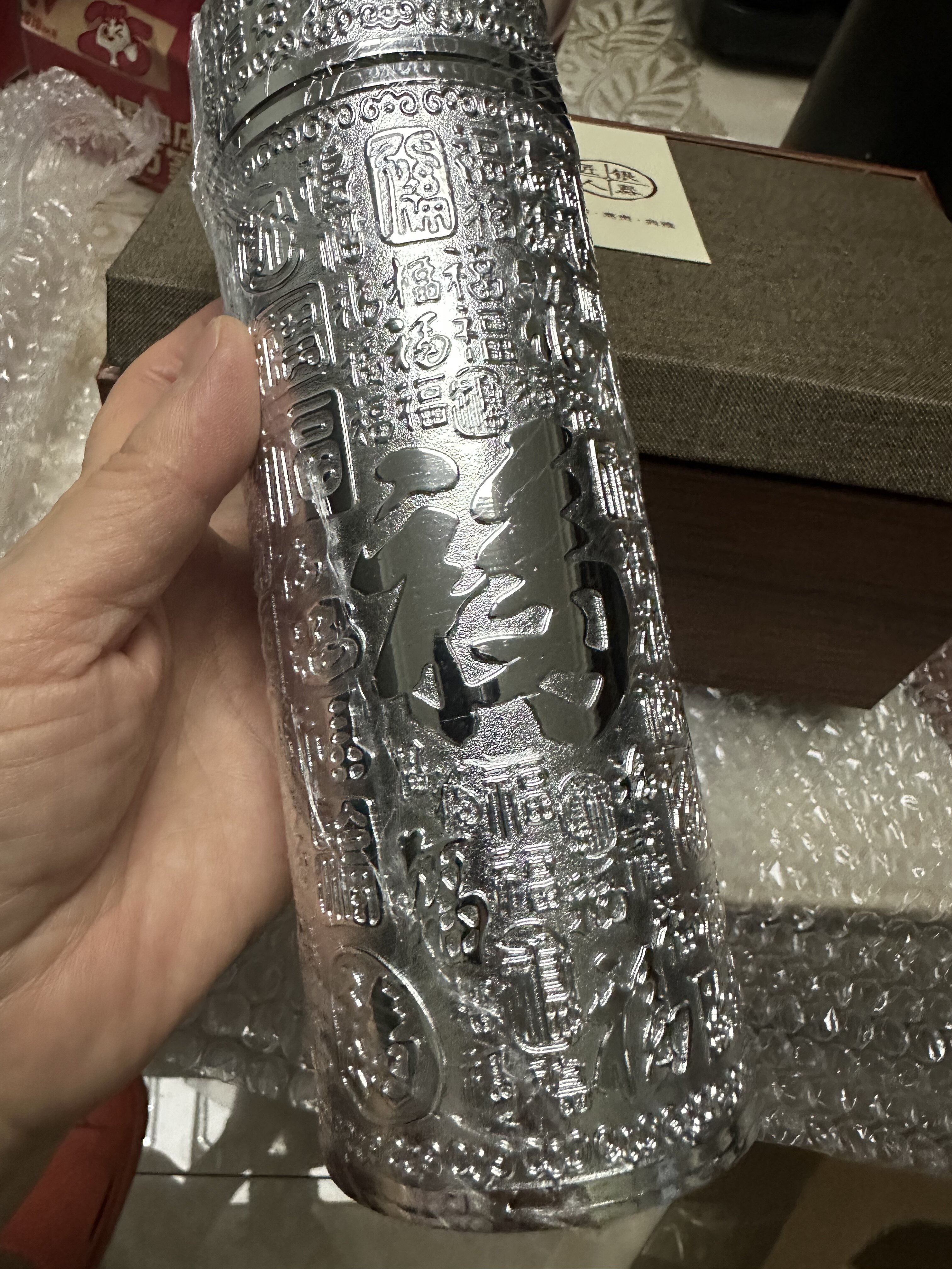 999純銀保溫杯雪花銀杯中式高檔銀水杯禮品上善若水直身保溫杯銀杯帶國