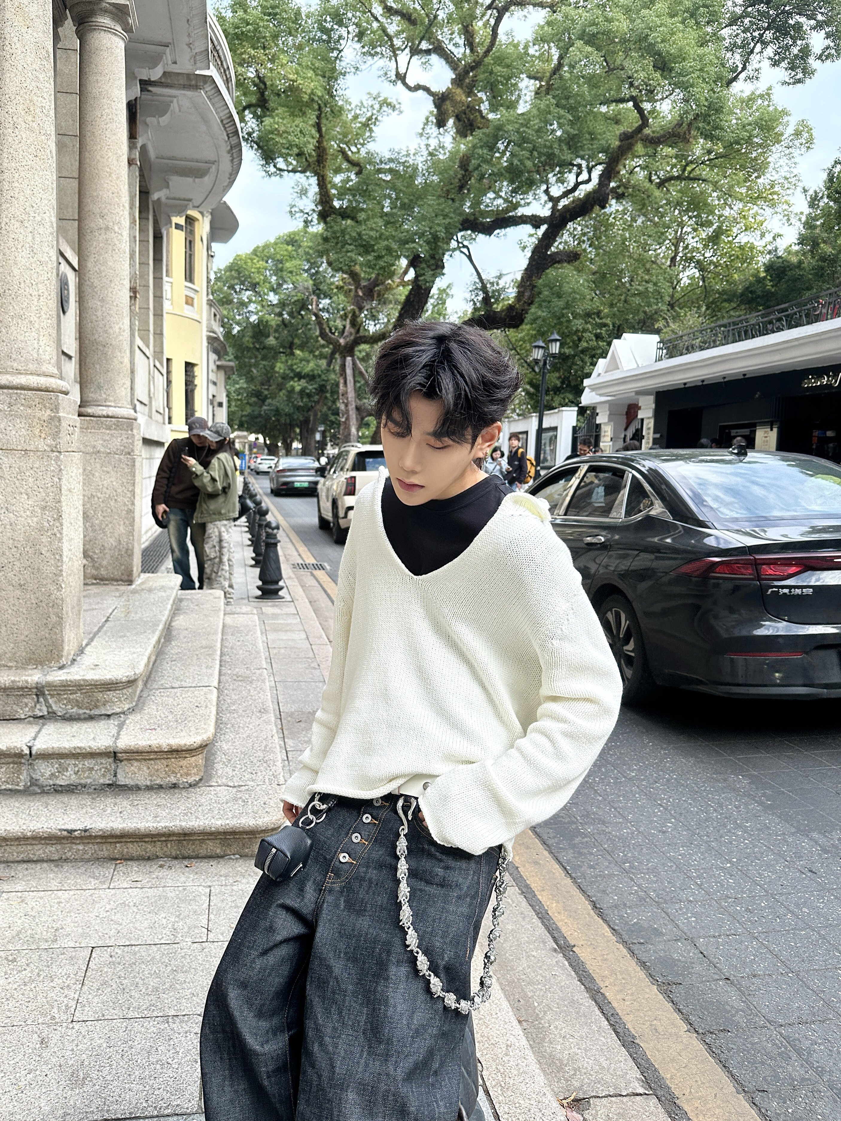 No faith studios 三色V領針織毛衣V KNIT SWEATER慵懶休閒長袖-淘寶 