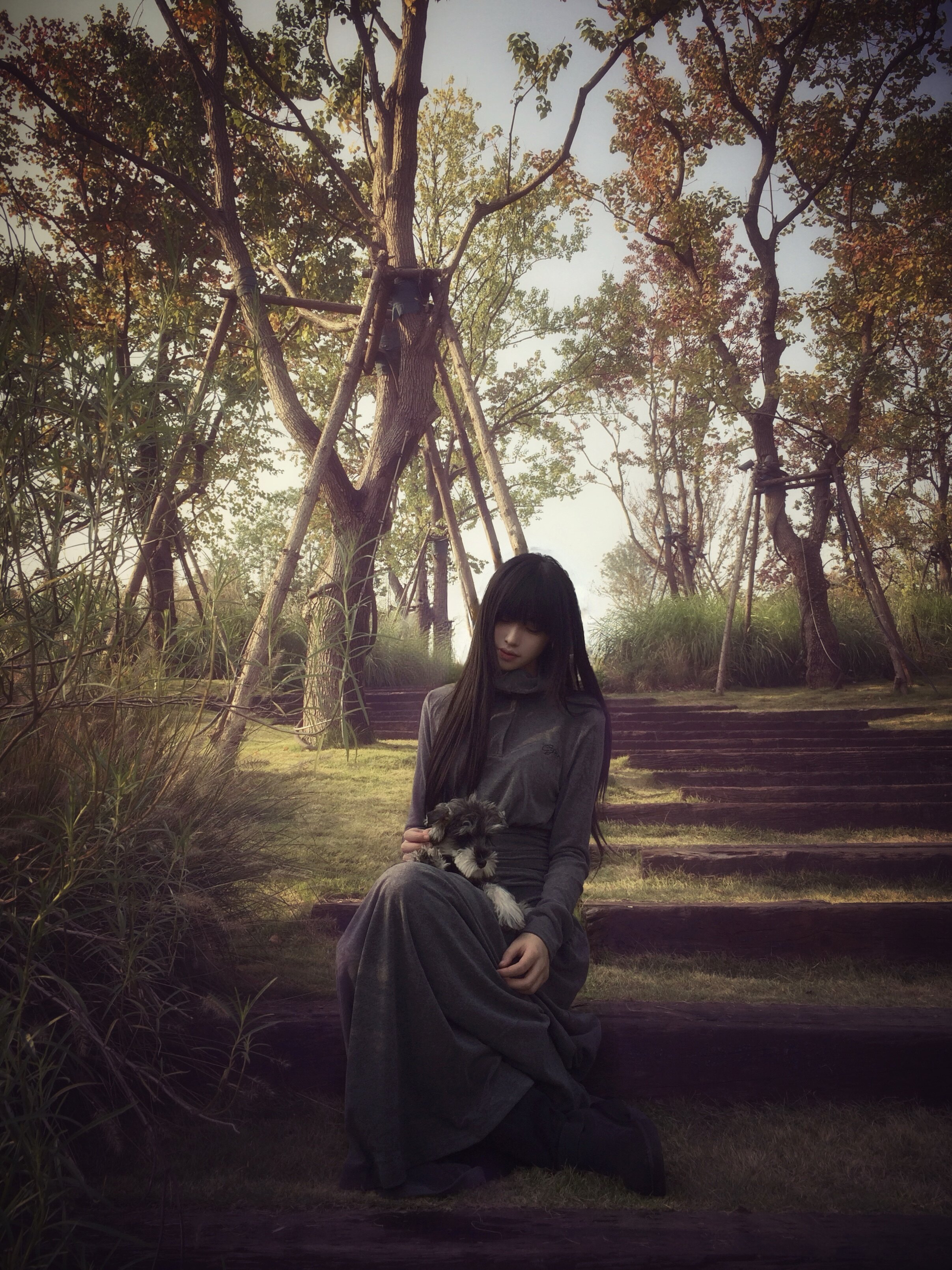 CYNR原创设计气质复古连衣裙,半高polo领褶皱收腰A字长裙摆遮肉显高