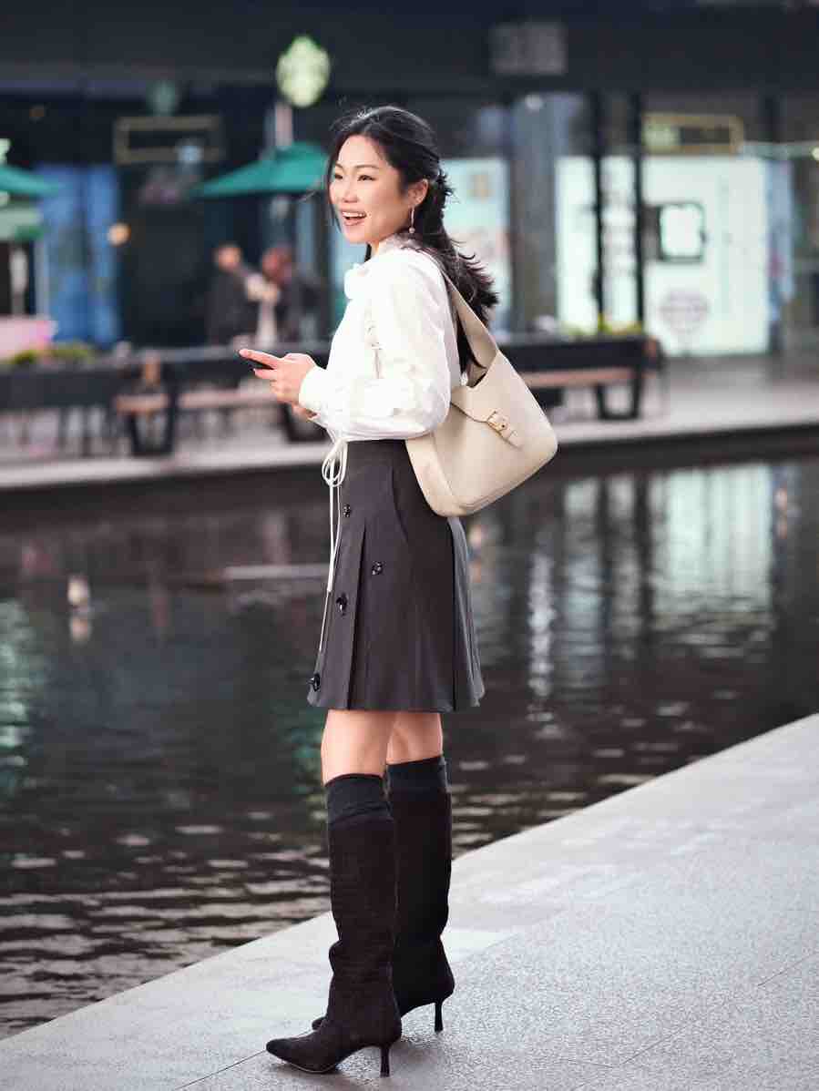 Le' Murmure冬季时尚羊反绒长筒靴堆堆设计慵懒随性 高跟拉长腿部比例