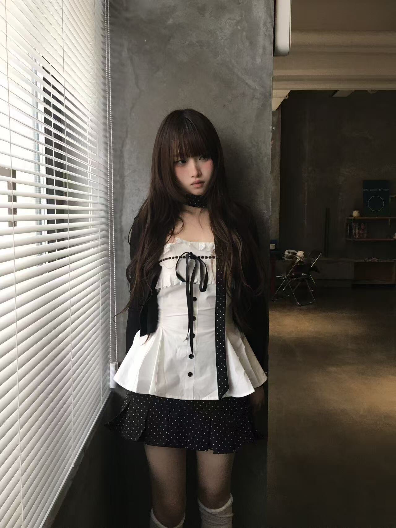 POPWEST韩女三件套 针织开衫+花边蝴蝶结吊带+波点短裙 一套搞定甜酷穿搭